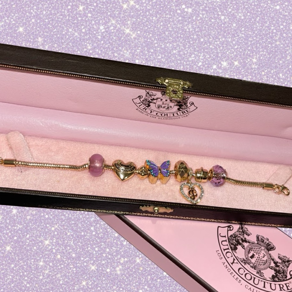 Juicy Couture Gold Bracelet with Purple Butterfly and Multicolor Charms